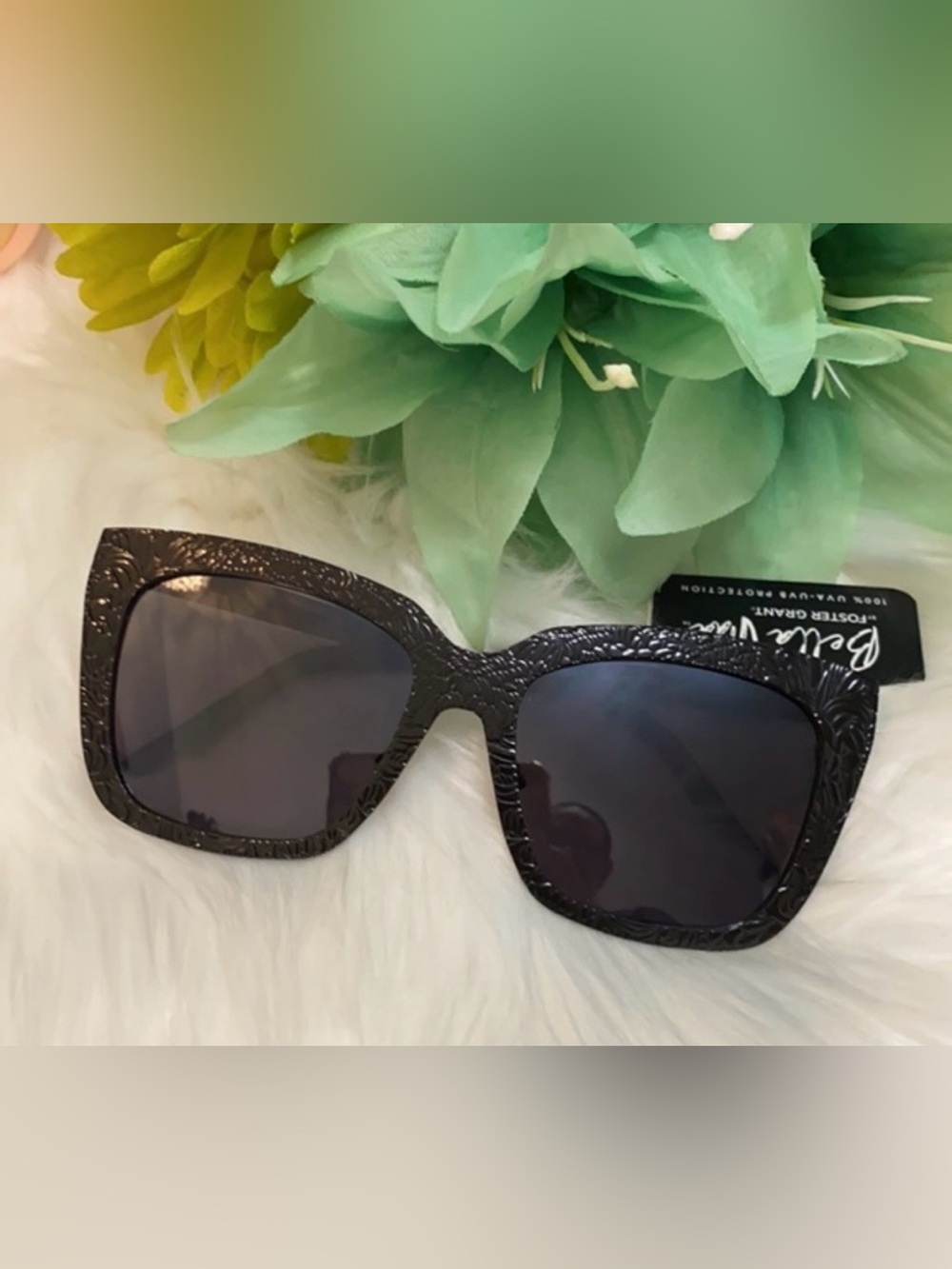 Metal Textured Square Framed Black Sunglasses By Bella Vita NEW!